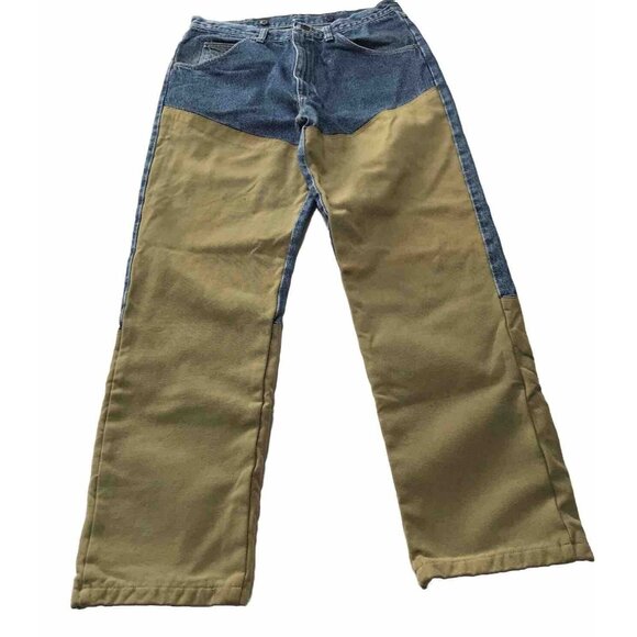 Vintage Wrangler Jeans Men 34x32 USA Rugged Wear Brush Guard Two Tone Workwear - Picture 1 of 16